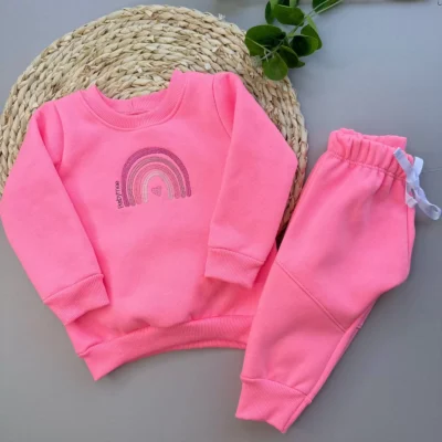Conjunto Blusa Calça  Moletom Rosa Neon Bordado