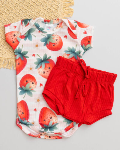 Conjunto Body e Tapa Fralda Canelado Bebê Estampado Morango