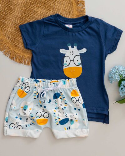 Conjunto Camiseta Long Line Curta Bebê Azul e Bermuda Saruel MoleCotton Girafa