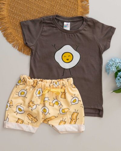 Conjunto Camiseta Long Line Bebê Curta e Bermuda Saruel MoleCotton Ovo e Bacon