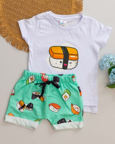 Conjunto Camiseta Long Line Bebê Curta Branco e Bermuda Saruel MoleCotton Sushi