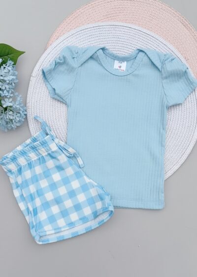 Conjunto Bebê Blusa Azul Manga Bufante Canelado Shorts Quadriculado