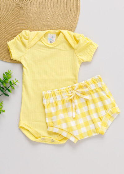 Conjunto Body Amarelo Manga Bufante e Tapa Fralda Quadriculado Amarelo