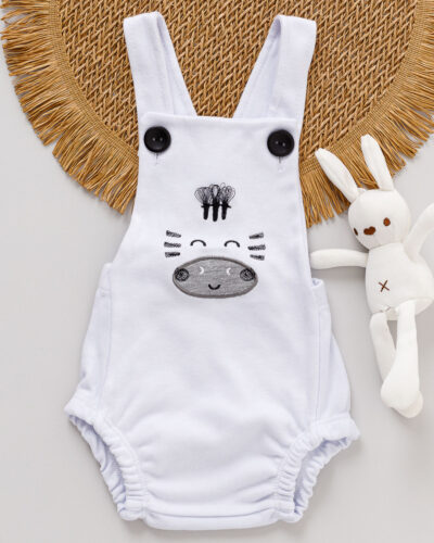 Jardineira Bebê Romper Suedine Branco Zebra Bordado