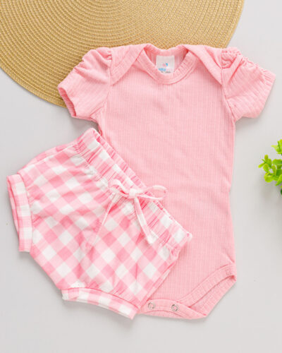 Conjunto Body Rosa Manga Bufante e Tapa Fralda Quadriculado Rosa