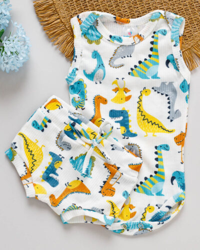 Conjunto Body Regata e Tapa Fralda Canelado Bebê Dinossauro Branco
