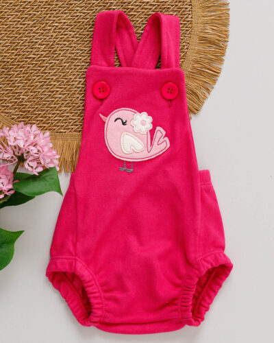 Jardineira Bebê Romper Suedine Rosa Pink Bordado Passarinho