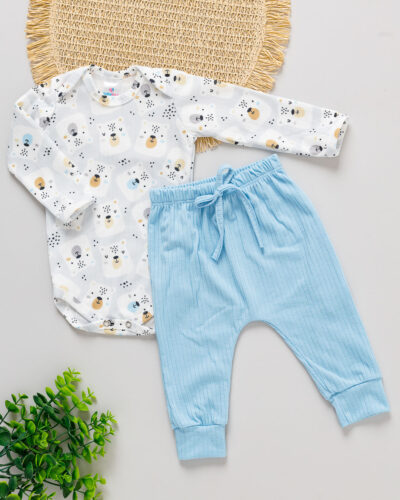 Conjunto Body Calça Azul Canelada Bebê Estampado Ursinho