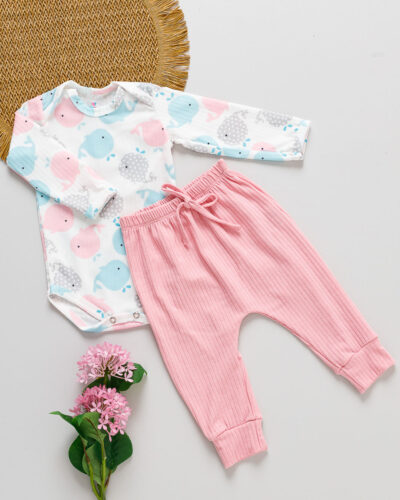 Conjunto Body Calça Canelada Bebê Estampado Baleia