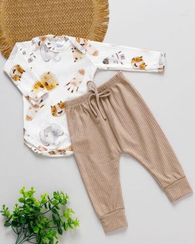 Conjunto Body Calça Marrom Canelada Bebê Estampado Bichos