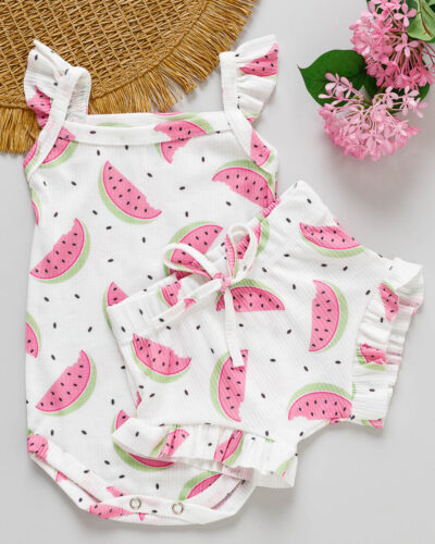 Conjunto Body Regata Babado e Tapa Fralda Bebê Estampado Melancia
