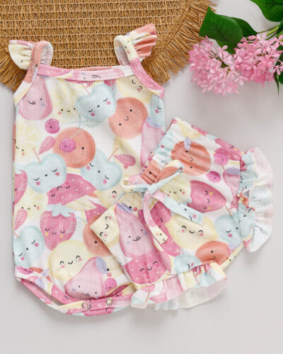 Conjunto Body Regata Babado e Tapa Fralda Bebê Estampado Frutinhas