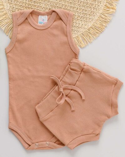 Conjunto Body Regata Bebê Canelado Marrom com Tapa Fralda