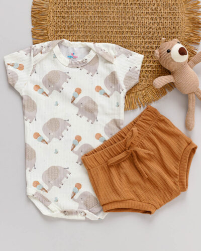 Conjunto Body e Tapa Fralda Canelado Bebê Estampado Elefante Marrom