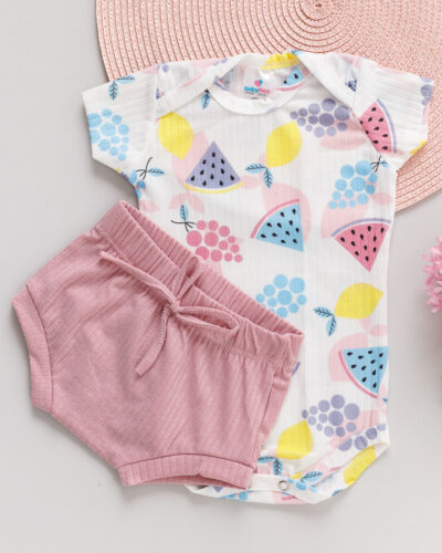 Conjunto Body e Tapa Fralda Canelado Bebê Estampado Melancia Branco