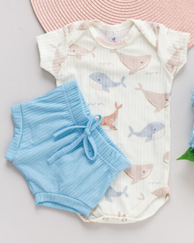 Conjunto Body e Tapa Fralda Canelado Bebê Estampado Baleia
