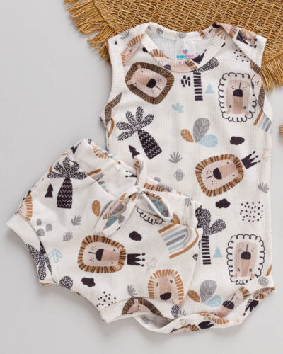 Conjunto Body Regata e Tapa Fralda Bebê Leãozinho Bege