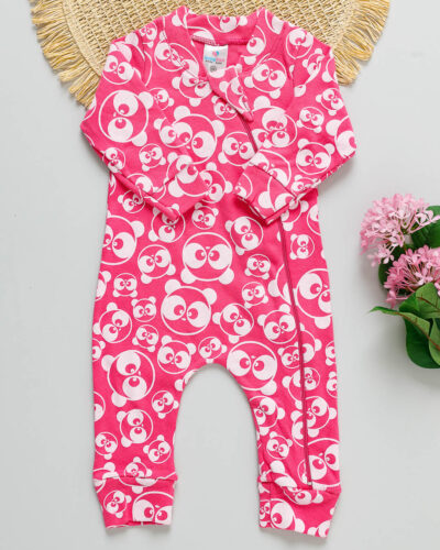 Macacão Bebê Suedine Rosa Pink Estampado Pandinha
