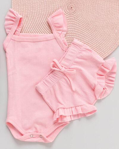 Conjunto Body Regata Babado e Tapa Fralda Bebê Rosa