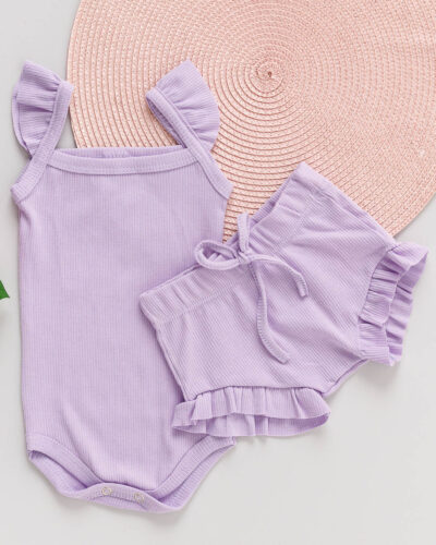 Conjunto Body Regata Babado e Tapa Fralda Bebê Lilás