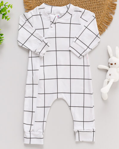 Macacão Bebê Suedine Branco Estampado Quadriculado