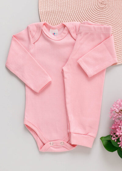 Conjunto Body Calça Bebê Canelado Rosa