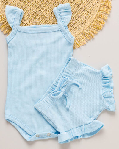 Conjunto Body Regata Babado e Tapa Fralda Bebê Azul Claro