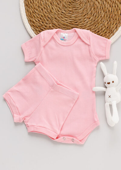 Conjunto Body Short Bebê Canelado Rosa