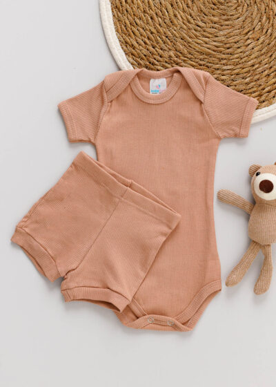 Conjunto Body Short Bebê Canelado Marrom