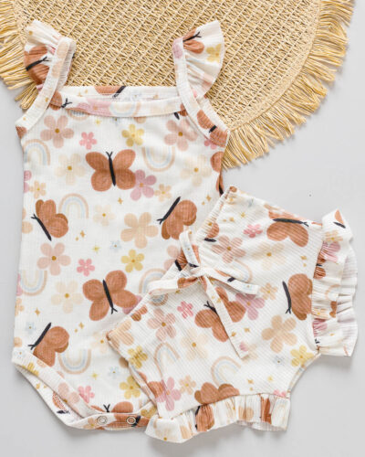 Conjunto Body Regata Babado e Tapa Fralda Bebê Borboleta