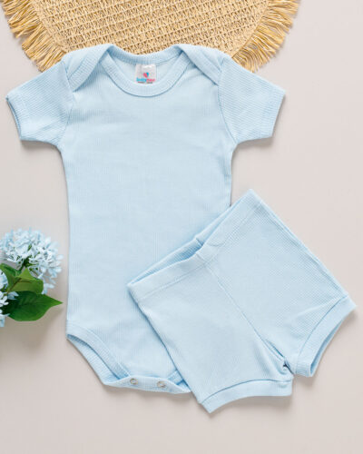 Conjunto Body Short Bebê Canelado Azul Claro