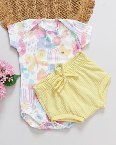 Conjunto Body e Tapa Fralda Canelado Bebê Estampado Arco-íris e Flores