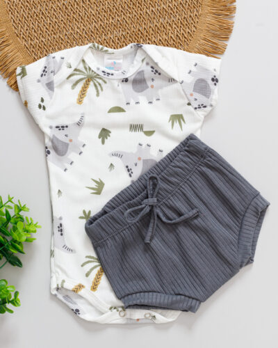 Conjunto Body e Tapa Fralda Canelado Bebê Estampado Elefante Cinza