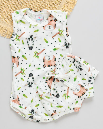 Conjunto Body Regata e Tapa Fralda Canelado Bebê Tigre e Zebra Branco