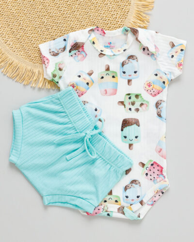 Conjunto Body e Tapa Fralda Canelado Bebê Estampado Picolé
