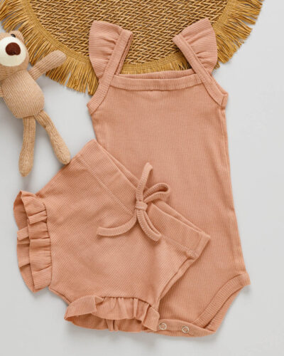 Conjunto Body Regata Babado e Tapa Fralda Bebê Marrom