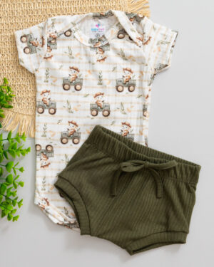 Conjunto Body e Tapa Fralda Canelado Bebê Estampado Ovelha Máquina
