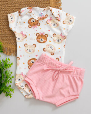 Conjunto Body e Tapa Fralda Canelado Bebê Estampado Ursinha Laço