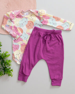 Conjunto Body Babado Estampado Frutinha e Calça Bebê Rosa Canelada