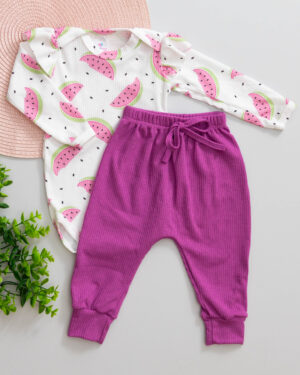Conjunto Body Babado Estampado Melancia e Calça Bebê Rosa Canelada