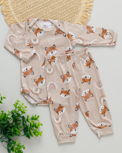 Conjunto Body Calça Bebê Térmico Estampado Raposa