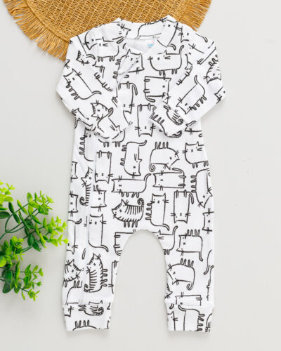 Macacão Bebê Suedine Estampado Gatinho Preto