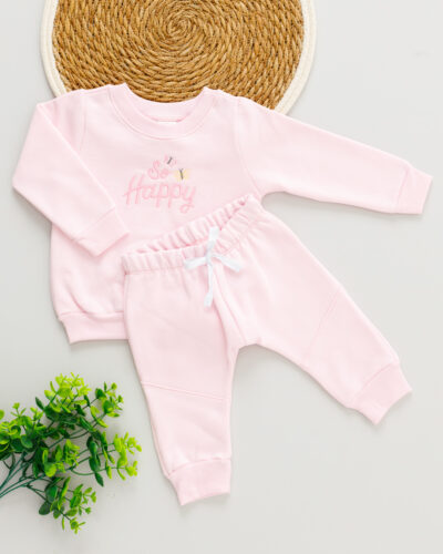 Conjunto Moletom Bebê Rosa com Bordado “So Happy” e Borboleta