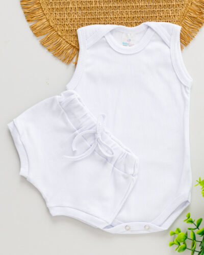 Conjunto Body Regata Canelado Bebê Branco com Tapa Fralda