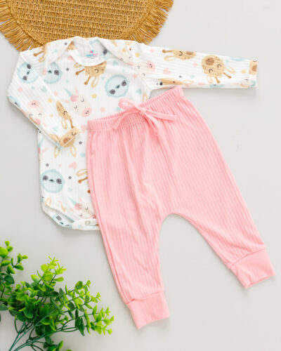 Conjunto Body Calça Bebê Canelado Estampado Unicórnio