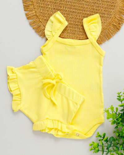 Conjunto Body Regata Babado e Tapa Fralda Bebê Amarelo