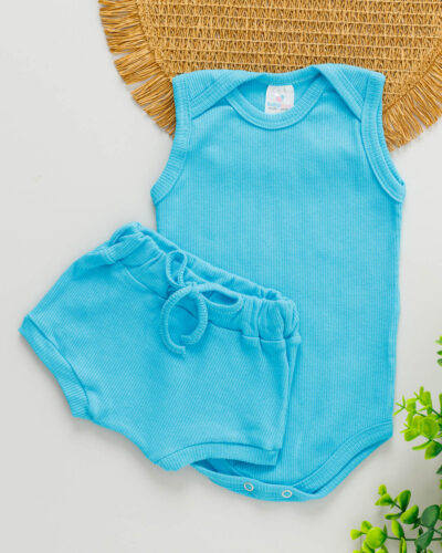 Conjunto Body Regata Canelado Azul com Tapa Fralda