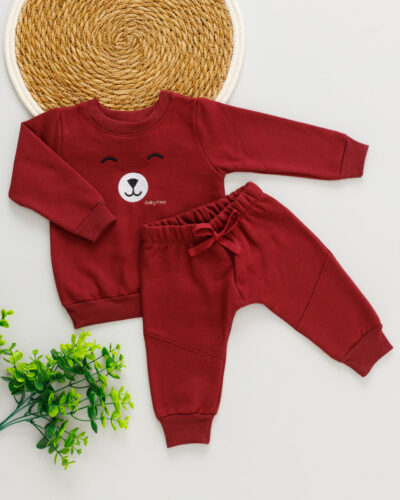 Conjunto Blusa Calça Moletom Bordô Bordado Urso