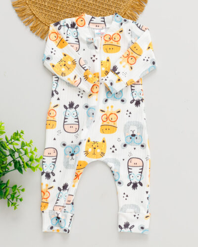 Macacão Bebê Canelado Branco Estampado Bichinhos Óculos