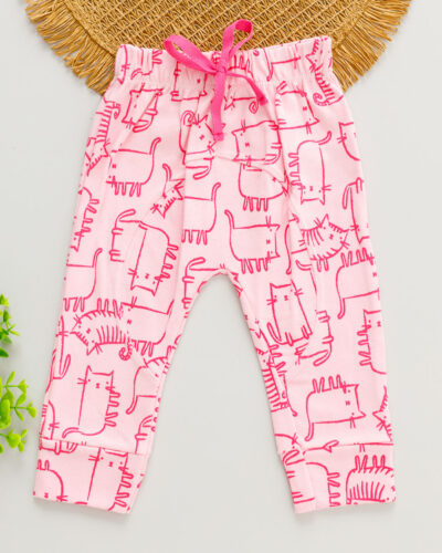 Calça Saruel Suedine Rosa Claro Estampado Gatinha